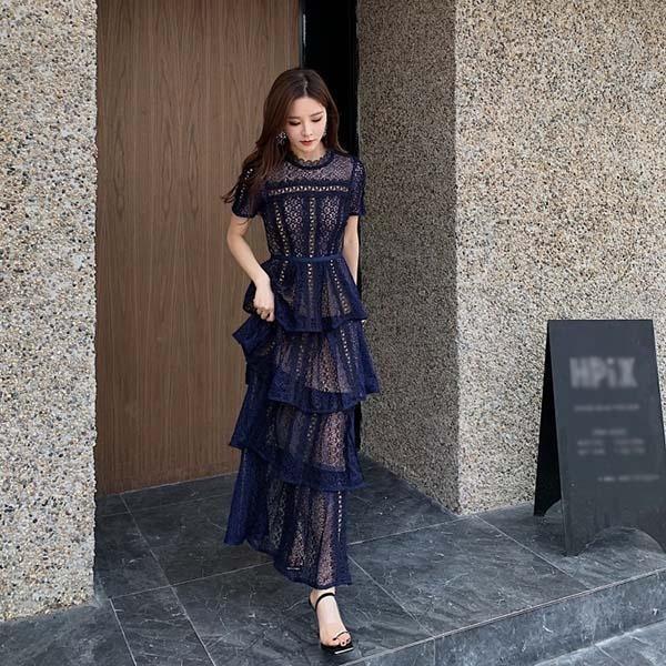 パーティードレス レース ワンピース スタンドカラー ロングドレス ティアードワンピース 半袖 ドレス 結婚式 母親 演奏会用ドレス_3