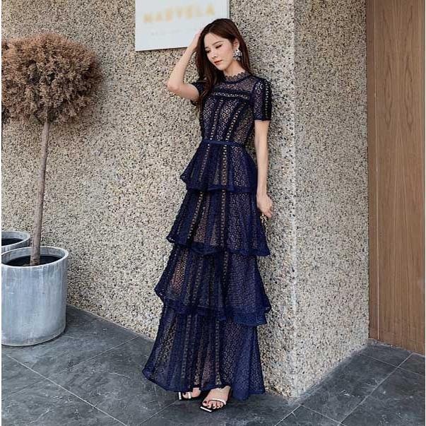 パーティードレス レース ワンピース スタンドカラー ロングドレス ティアードワンピース 半袖 ドレス 結婚式 母親 演奏会用ドレス_4