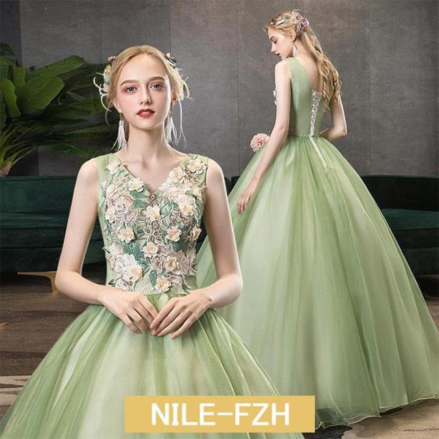 イブニングドレス グリーン 刺繍花柄 オシャレ 演奏会ドレス ロングドレス 緑 花柄 ノースリーブ Vネック パーティードレス 発表会ドレス ロング Aライン