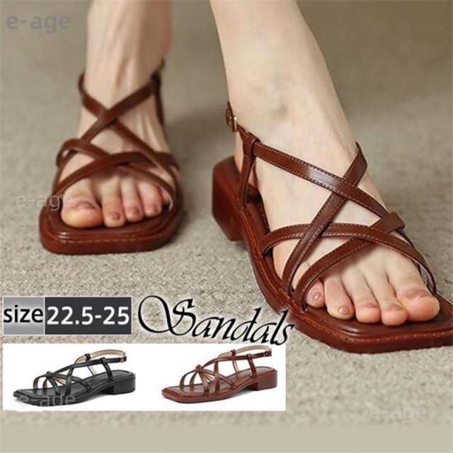 【爆買】新作 サンダル レディース ストラップ ローヒール クロス アンクルストラップ ぺたんこ レトロ 歩きやすい コンフォート 無地 通勤 美脚 おしゃれ