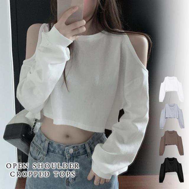 カットソー レディース 春 夏 春夏 白 トップス tシャツ 長袖 チュニック オープンショルダー ショート丈トップス ホワイト グレー オフィス 20代 送料無料