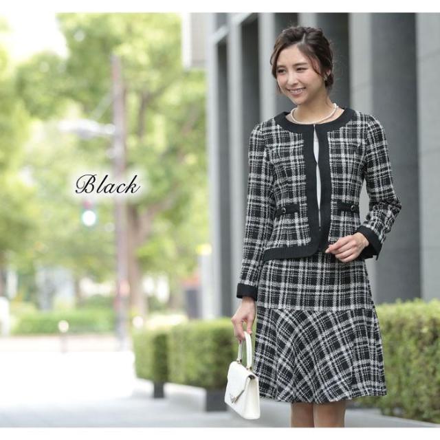 スカートスーツ レディース 結婚式 セットアップスーツ 黒 白 チェック