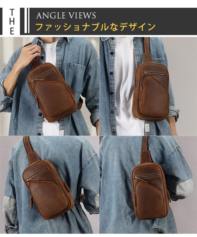 ボディバッグ 牛革本革 オイルレザー 人気型 メンズ 男性用 斜めがけ 縦型 ワンショルダーバッグ ウエストバッグ 自転車鞄かばん 通学 通勤 アウトドア おしゃれ 2色選 父の日ギフト クリスマスプレゼント_12