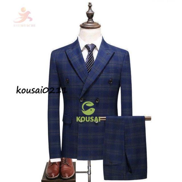 ダブルスーツ メンズ チェック柄 3ピーススーツ スリーピース スリーピー スーツ ビジネススーツ セットアップ 6つボタン 結婚式 秋夏
