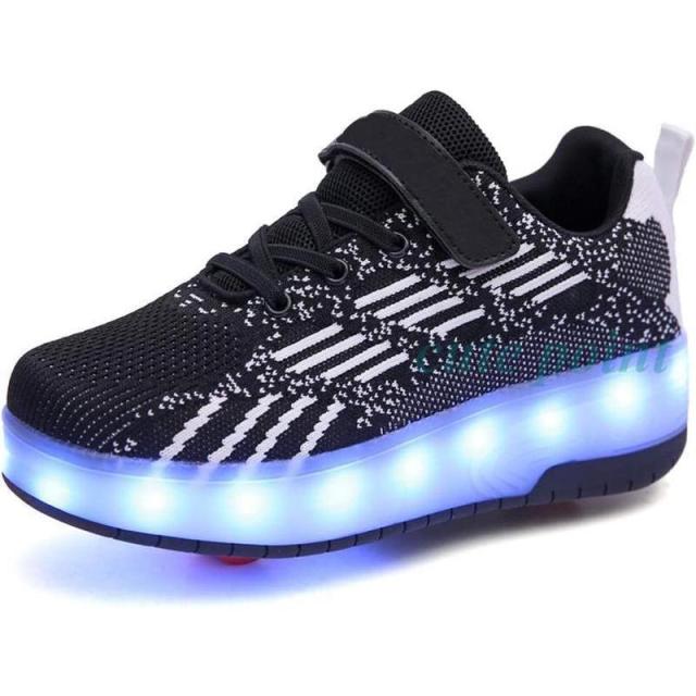 ダブルローラースケート 車輪付きスポーツシューズ 目に見えないスイッチ 防水LED USB充電 TPR + PUソール