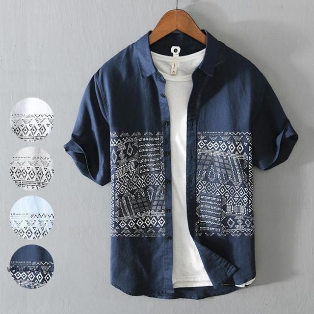 カジュアルシャツ メンズ トップス 半袖シャツ 綿麻シャツ 半袖 夏服 プリント 薄手 夏サマー おしゃれ 父の日