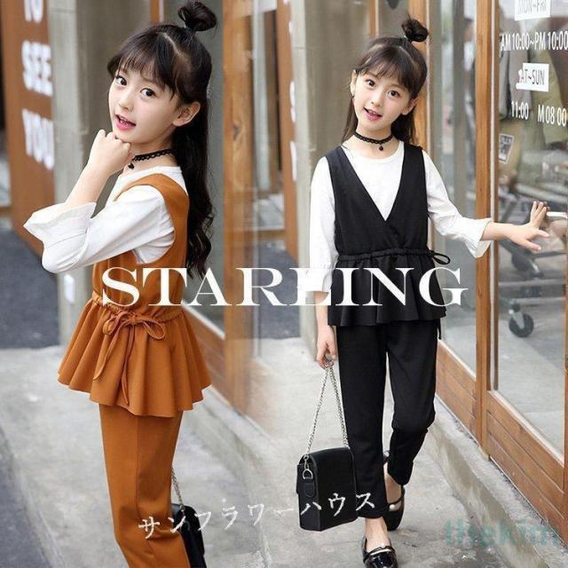 入学式 パンツスーツ 女の子 スーツ 韓国 子供服 ブラック カーキ 子供スーツ キッズ ブラウス ベスト パンツ 3点 卒業式 110 160 ピアノ 発表会