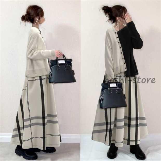 ワンピース 2023 新作 レディース 40代 きれいめ春 秋冬 セットアップ 長袖 ロングスカート ニットワンピース フリーサイズ ニットセットアップ