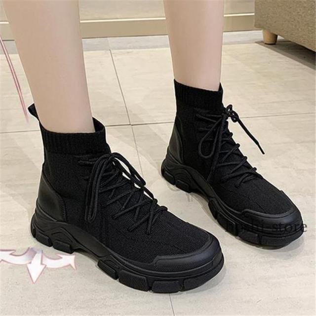 【爆買】スニーカー スニーカーブーツ レディース ソックススニーカー ソックスブーツ ショートブーツ 黒 レースアップ 紐靴 靴 女性 韓国 カジュアル 大人可愛い