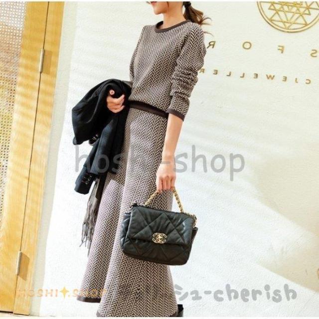 スカートセットアップ 2点セット レディース 上下セット タイトスカート ミモレ丈 秋 冬 長袖 ニットソー ニットセーター 丸首 オシャレ オフィス 着痩せ