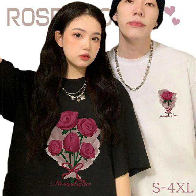 【2枚セット】カップル ペアルック tシャツ 夏 半袖 ローズ ペアルック tシャツ バラ 夏服 ペア 夫婦 オーバー サイズ ゆったり カップル リンクコーデ 可愛い おしゃれ 白 黒 ピンク メン