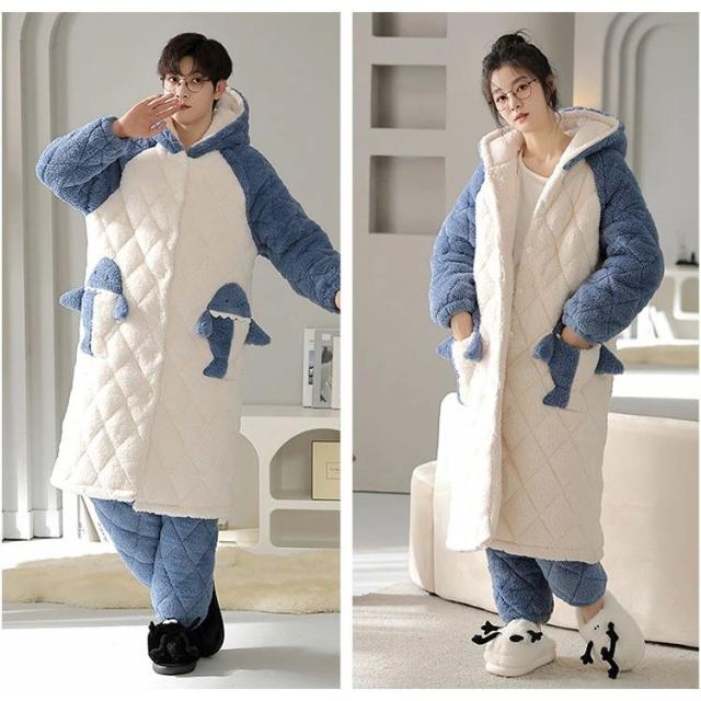 ペア パジャマ 冬 極厚 サメ パジャマ 大人用 綿入れ 着ぐるみ