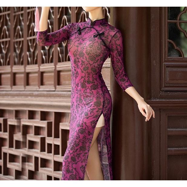 チャイナドレス レディースワンピース ダンスウエア中華風ロングドレス中袖スタンドカラー 社交ダンス モダンドレス花柄プリント演出服 舞台 全店二点送料無料 社交ダンス チャイナ風 モダンドレス チャイナドレス レディース