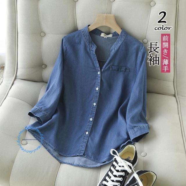 デニムシャツ レディース チュニック ブラウス 7分丈袖 長袖 カジュアル 秋 着痩せ トップス 春 開襟シャツ 薄手 キレイめ おしゃれ