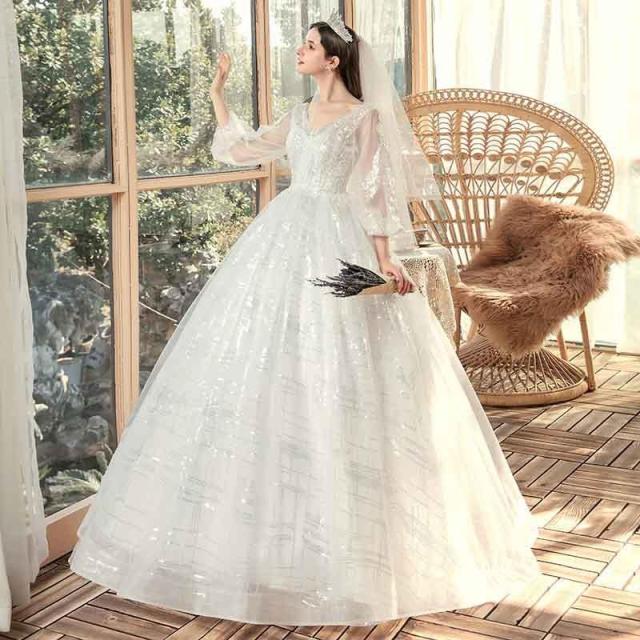 ウェディングドレス 花嫁 大きいサイズ バルーン袖 ぽっちゃり 結婚式 編み上げ ロング丈 レディース キラキラ プリンセスライン 撮影用_1