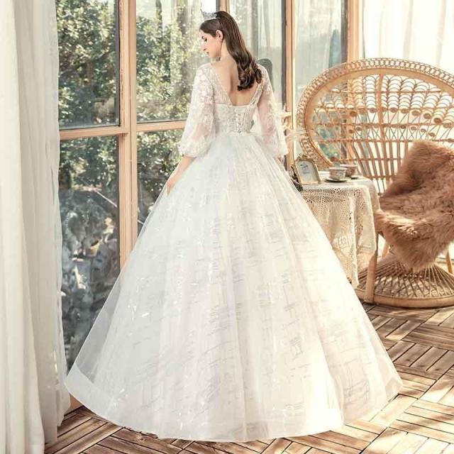 ウェディングドレス 花嫁 大きいサイズ バルーン袖 ぽっちゃり 結婚式 編み上げ ロング丈 レディース キラキラ プリンセスライン 撮影用_2