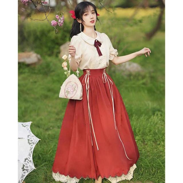 ロリータ セットアップ シャツ スカート ヨーロッパ 半袖 長袖 ロング丈 Aライン Lolita 編み上げ 可愛い レディース コスチューム 仮装 cos_11