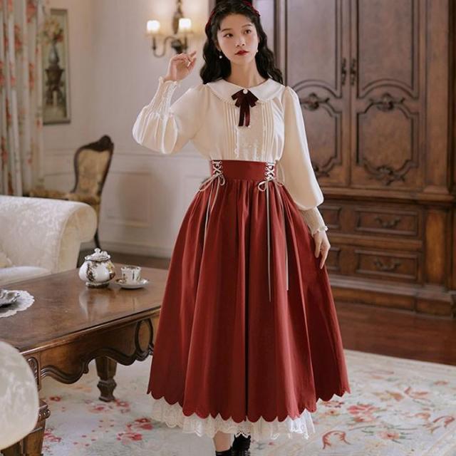 ロリータ セットアップ シャツ スカート ヨーロッパ 半袖 長袖 ロング丈 Aライン Lolita 編み上げ 可愛い レディース コスチューム 仮装 cos_12