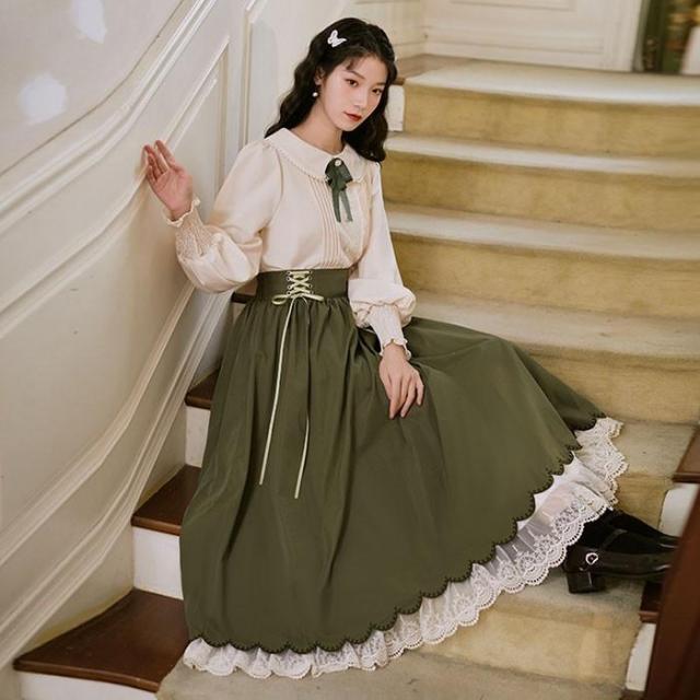 ロリータ セットアップ シャツ スカート ヨーロッパ 半袖 長袖 ロング丈 Aライン Lolita 編み上げ 可愛い レディース コスチューム 仮装 cos_14
