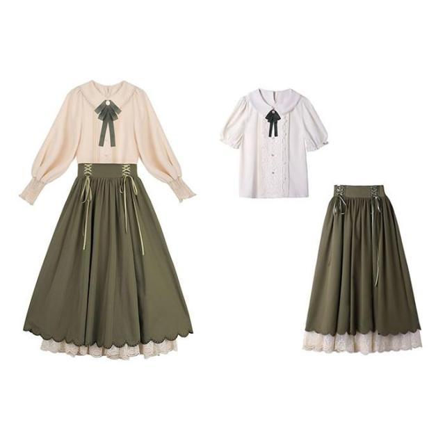 ロリータ セットアップ シャツ スカート ヨーロッパ 半袖 長袖 ロング丈 Aライン Lolita 編み上げ 可愛い レディース コスチューム 仮装 cos_15