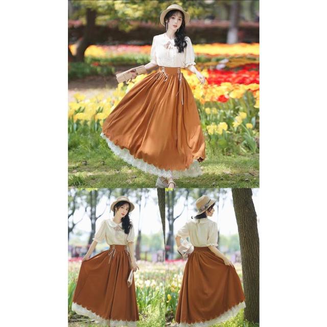 ロリータ セットアップ シャツ スカート ヨーロッパ 半袖 長袖 ロング丈 Aライン Lolita 編み上げ 可愛い レディース コスチューム 仮装 cos_18