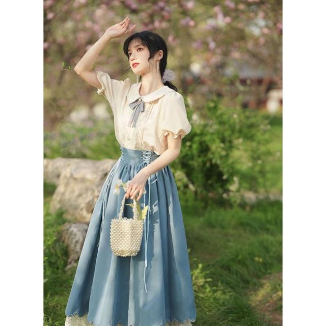 ロリータ セットアップ シャツ スカート ヨーロッパ 半袖 長袖 ロング丈 Aライン Lolita 編み上げ 可愛い レディース コスチューム 仮装 cos_3