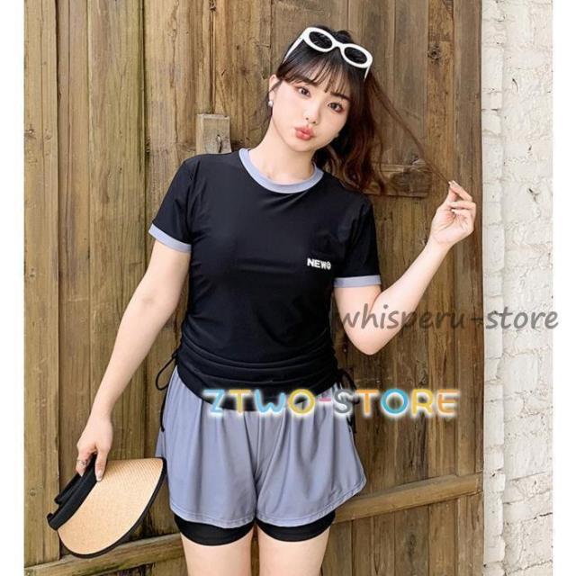 水着レディース 体型カバー 大きいサイズ 3L 4L 5L 6L フィットネス水着 女性 セパレート ラッシュガード Tシャツ 半袖 2点セット ロゴ