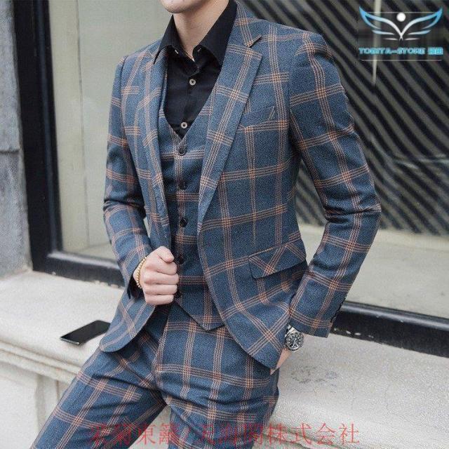 【爆買】3ピーススーツ メンズ 結婚式 ビジネススーツ 紳士 スリーピース スリーピー 細身 1つボタン チェック柄 スーツ セットアップ 秋
