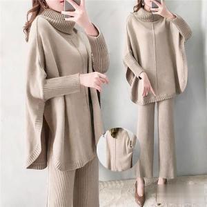 2点セット ニット トップス ワイドパンツ セットアップ レディース 長袖 着痩せ 無地 体型カバー 秋冬 韓国風 きれいめ ママ 入園式 通勤 OL