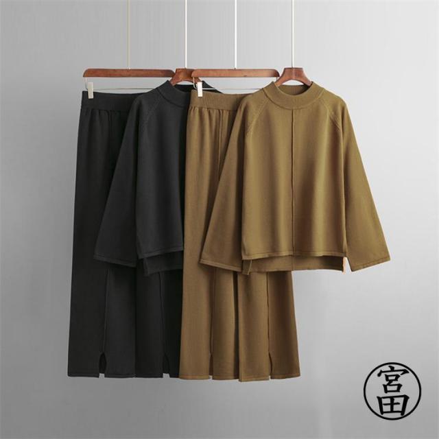 ニット セットアップ レディース ニットセット パンツセット ワイドパンツ カジュアル ハイネック シンプル 着痩せ 体型カバー