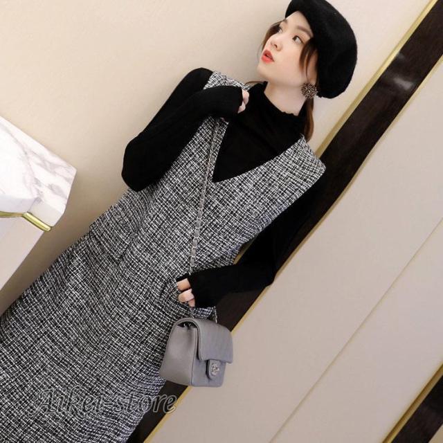 ジャンパースカート レディース ワンピース ノースリーブ Vネック 膝丈 マキシ丈 ロング 重ね着 大人 体型カバー ツイード フリンジ裾