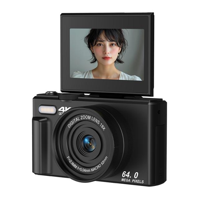クーポン デジタルカメラ 4K 6400万画素 18倍ズーム 180°回転 オート