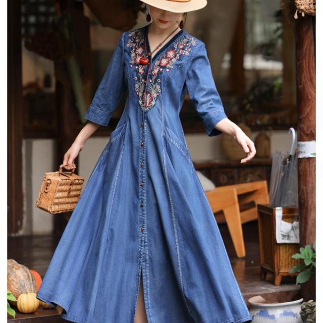 デニムワンピース シャツワンピース ジーンズ ロング丈 ワンピース 着痩せ 夏 五分袖 デニムシャツ 春秋 ジーンズ 花柄 前開き お出かけ ロングデニム上品