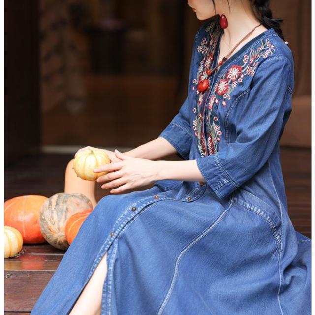 デニムワンピース シャツワンピース ジーンズ ロング丈 ワンピース 着痩せ 夏 五分袖 デニムシャツ 春秋 ジーンズ 花柄 前開き お出かけ ロングデニム上品