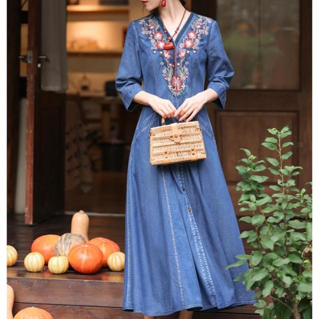 デニムワンピース シャツワンピース ジーンズ ロング丈 ワンピース 着痩せ 夏 五分袖 デニムシャツ 春秋 ジーンズ 花柄 前開き お出かけ ロングデニム上品