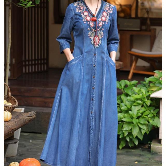 デニムワンピース シャツワンピース ジーンズ ロング丈 ワンピース 着痩せ 夏 五分袖 デニムシャツ 春秋 ジーンズ 花柄 前開き お出かけ ロングデニム上品