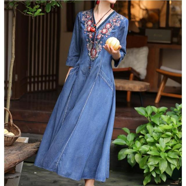 デニムワンピース シャツワンピース ジーンズ ロング丈 ワンピース 着痩せ 夏 五分袖 デニムシャツ 春秋 ジーンズ 花柄 前開き お出かけ ロングデニム上品