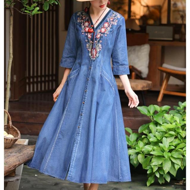 デニムワンピース シャツワンピース ジーンズ ロング丈 ワンピース 着痩せ 夏 五分袖 デニムシャツ 春秋 ジーンズ 花柄 前開き お出かけ ロングデニム上品