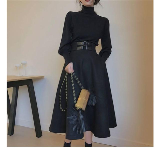 セットアップ 2点セット レディース パフスリーブ OL 秋冬 オシャレ タートル Aライン スカート 新作 着痩せ カジュアルセット きれいめ ブラック 30代 40代