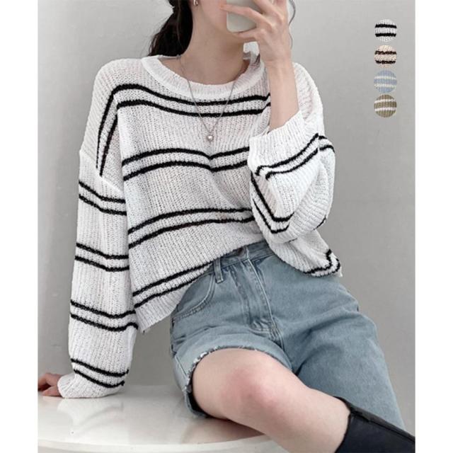 透かし編み ニットトップス ボーダー夏服【ゆうパケット可】