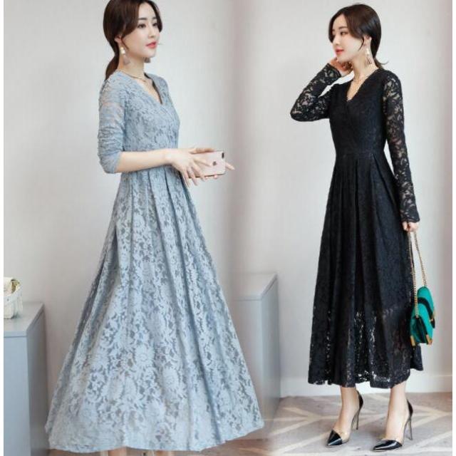 パーティードレス 結婚式 40代 20代 ロング丈 袖あり 長袖 大きいサイズ フォーマルドレス レースワンピース お呼ばれ 二次会 披露宴 謝恩会 上品 着痩せ