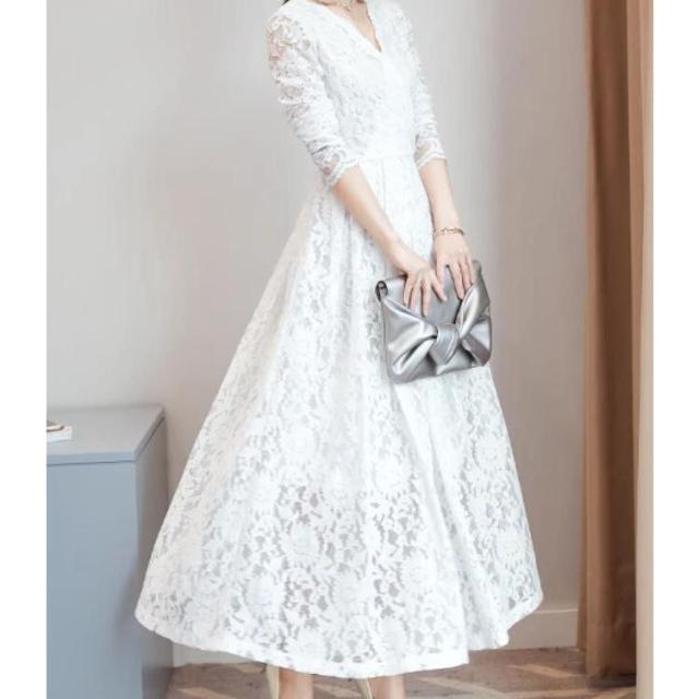 パーティードレス 結婚式 40代 20代 ロング丈 袖あり 長袖 大きいサイズ フォーマルドレス レースワンピース お呼ばれ 二次会 披露宴 謝恩会 上品 着痩せ