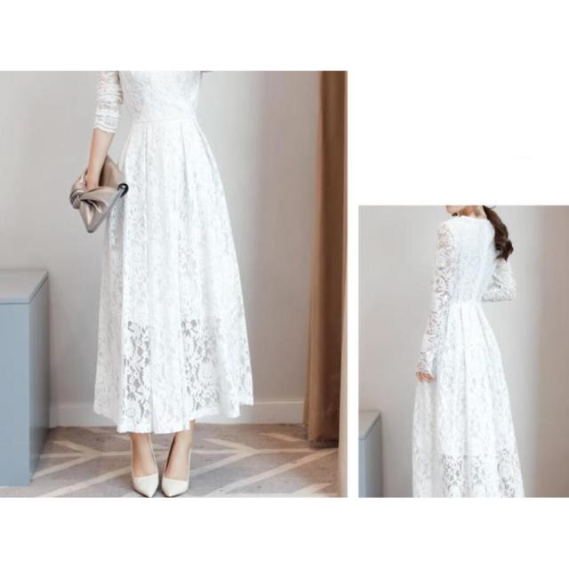 パーティードレス 結婚式 40代 20代 ロング丈 袖あり 長袖 大きいサイズ フォーマルドレス レースワンピース お呼ばれ 二次会 披露宴 謝恩会 上品 着痩せ