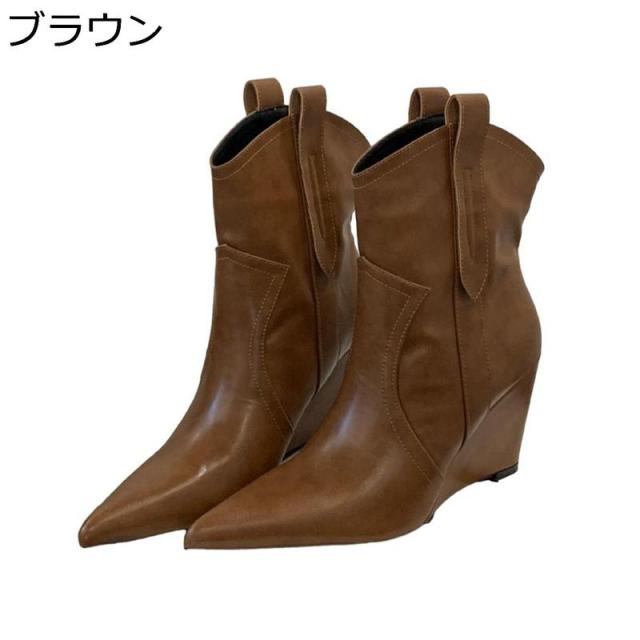 ウエスタンブーツ ブーティ レディース ポインテッドトゥ エナメル ウェッジヒール ショートブーツ 秋 冬用 レトロ エレガンス ゆったり_2