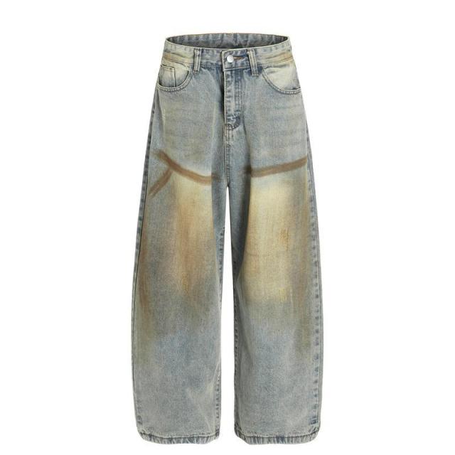 ワイドデニムパンツ メンズ ヴィンテージ バギージーンズ ビッグシルエット 体型カバー ロングパンツ ヒップホップ ストリートファション