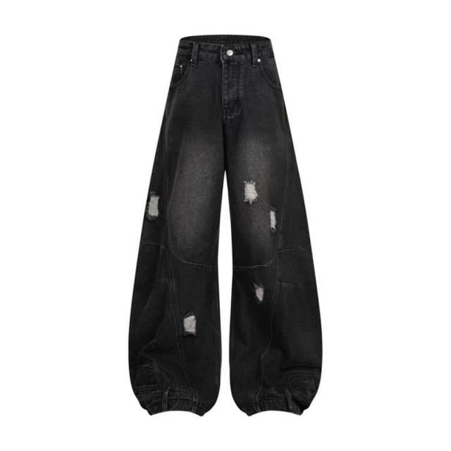 ワイドデニムパンツ メンズ バギージーンズ ダメージ加工 レディース ビッグシルエット ヴィンテージ ヒップホップ ストリートモード