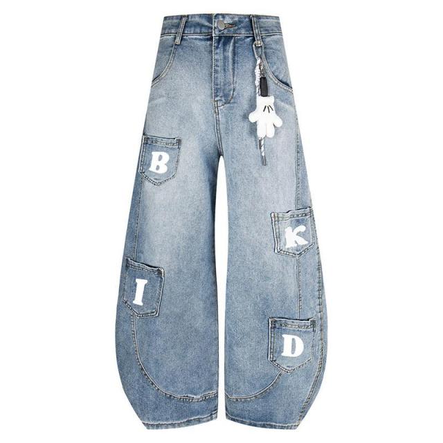 英字柄 バギージーンズ ワイドデニム メンズ レディース ヒップホップ ルーズ ブーツカット ロングパンツ ストリートファション 春秋冬