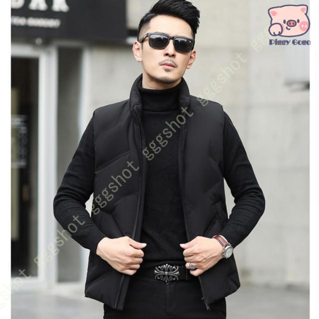 メンズ ダウンベスト 中綿ベスト ダウンジャケット コート ベスト トップス ショート丈 光沢感 おしゃれ 厚手 軽量 防寒 防風 秋冬 袖なし スタンドカラー