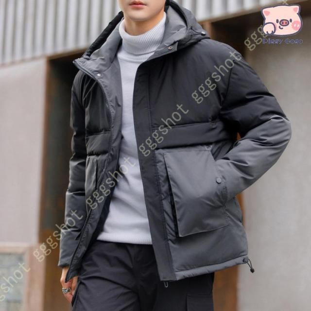 ダウンジャケット メンズ 中綿ジャケット ダウンコート ジャンパー ブルゾン フード付き ポケット 厚手 アウター 立ち襟 韓国 防寒着 軽量 カジュアル