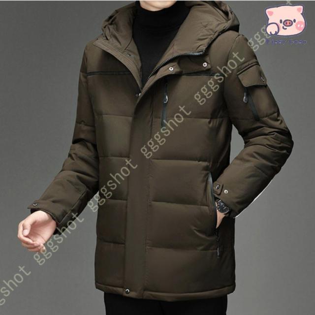 ダウンコート ショット丈 メンズ ダウンジャケット 長袖 厚手 細身 防寒 あったか フード付き 保温 男性用 アウター おしゃれ 光沢感 中綿ダウンジャケット